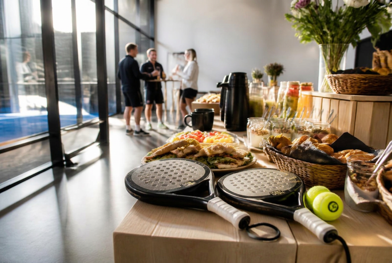 Padelrack och frukostbuffé med kaffe och bröd i en padelhall