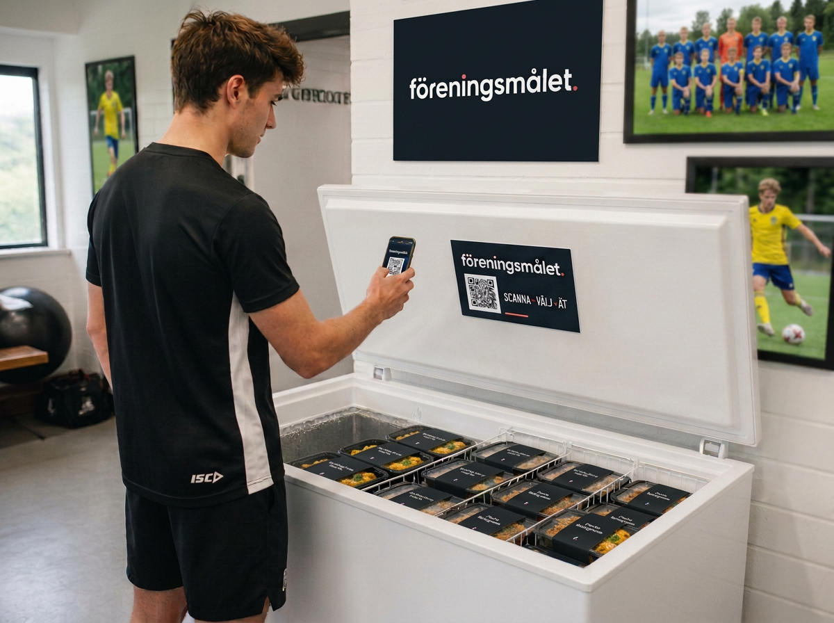 Spelare vid föreningens frysbox med matlådor med svart sleeve