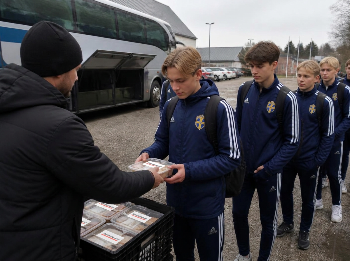 Ledare delar ut matlådor till ett ungdomslag vid bussen