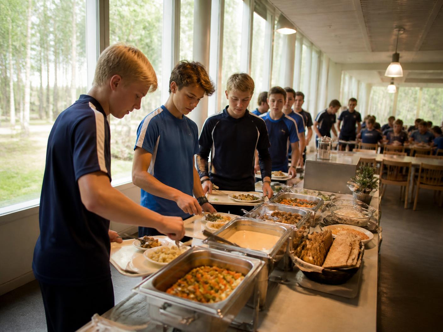 Buffé uppdukad i en matsal under ett läger