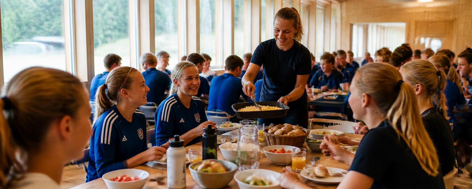 Unga spelare hämtar mat vid en servering på ett läger