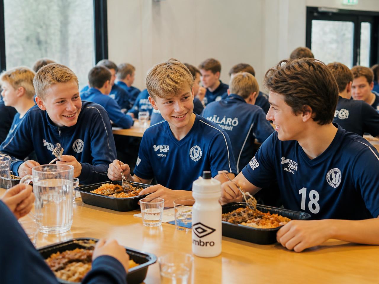 Glada ungdomar i lagkläder sitter tillsammans och äter mat