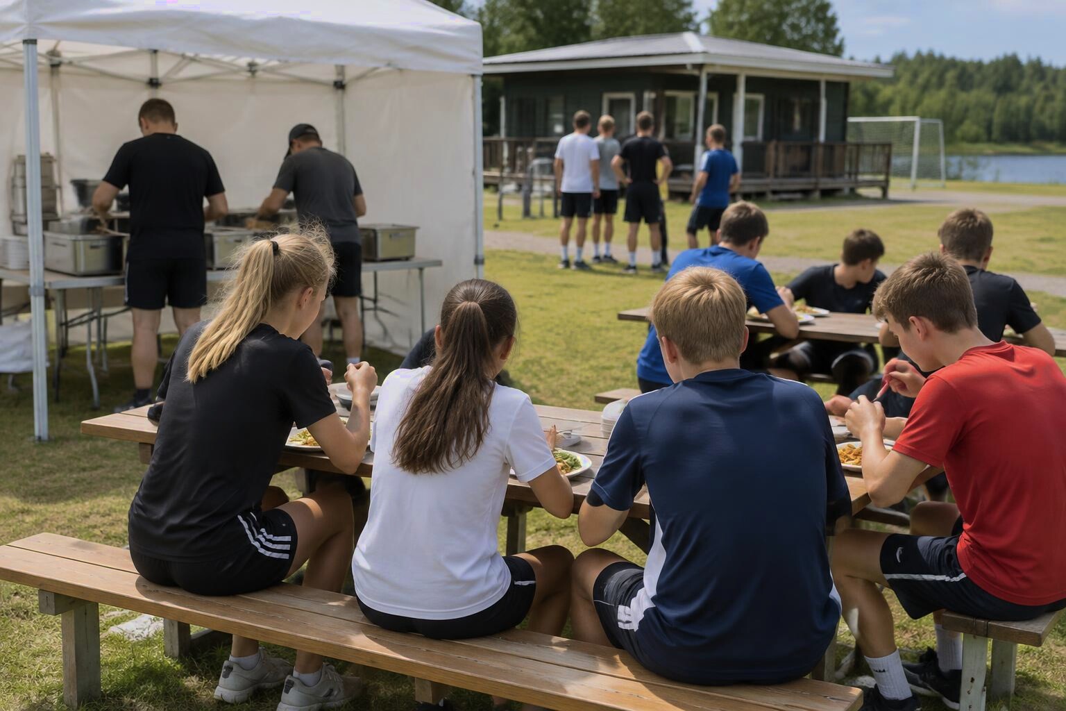 Unga idrottare äter lunch vid bänkbord bredvid ett litet tält där varm mat serveras ur kantiner under ett läger
