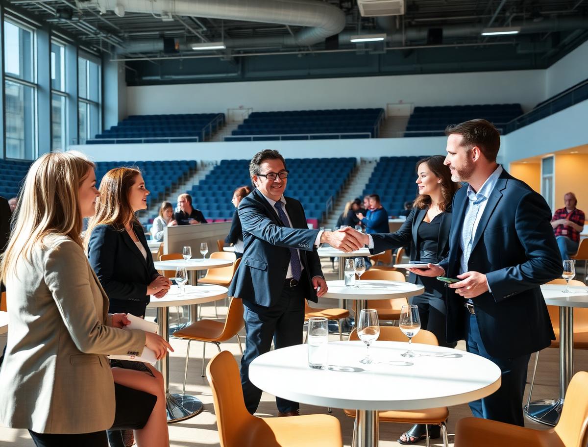 Företagare hälsar på varandra under en nätverkslunch på en arena
